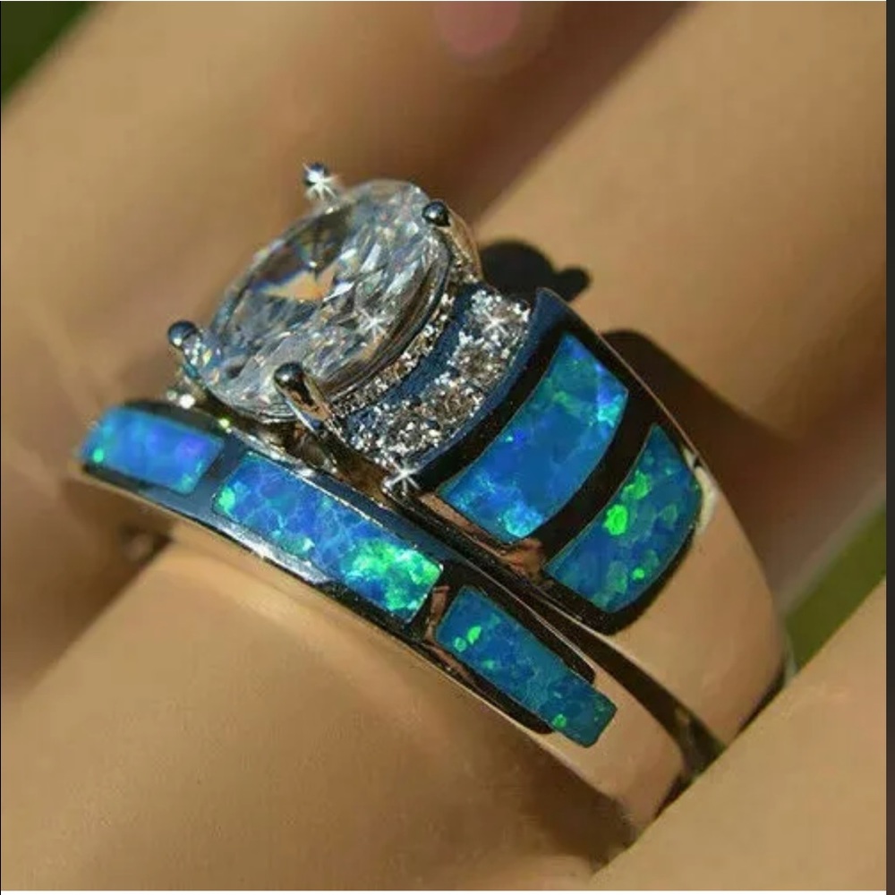 Set of white precious gemstone ring with band Sterling silver